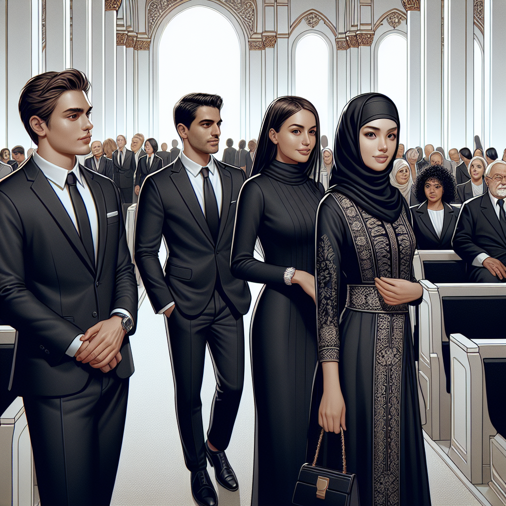 Picture a serene memorial service, space filled with people showcasing their respect for the departed. A woman of Caucasian descent is donned in a classic black dress with her dark brown hair neatly tied up. To her side, a Black man in an immaculate black suit, white shirt, and a simple tie. Further down, we see a Middle-Eastern woman skillfully covered in a black hijab and an abaya. Near the entrance, an Asian man in a dark grey suit and a white shirt is seen talking to a Hispanic woman clad in a rich black saree. Their attire signifies their appreciation for timeless, respectful clothing choices at memorial services.