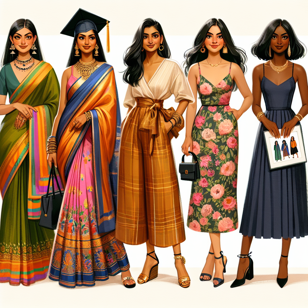 Graduation Style Guide: Stunning & Effortless Outfits for Moms Visualize a diverse selection of chic and effortless graduation outfits for mothers. Picture a South Asian woman in a vibrant silk saree, accessories, and traditional Indian sandals. Imagine a Middle-Eastern woman in a modest yet stylish maxi dress, elegant jewelry, and flat sandals. Portray a Black woman in a classy jumpsuit teaming with a statement necklace and high heels. Also, depict a Hispanic woman in a floral summer dress with wedges. Lastly, illustrate a Caucasian woman in a body-fit pencil dress with ballet flats. Include some graduation cap iconography in the scene for context.