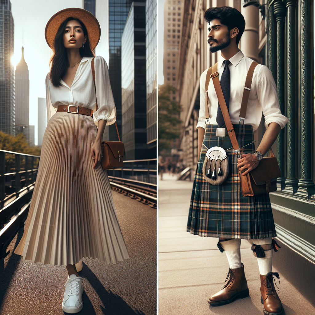 Stunning Skirt Outfits: Effortless Style Guide Imagine a street style fashion shoot showcasing stunning skirt outfits that epitomize effortless style. The first scene should include a Hispanic woman wearing a pleated midi skirt paired with a fitted white blouse. She's accessorizing with a pair of sleek white sneakers and a straw hat. The second scene portrays a South Asian man in a traditional kilt in plaid paired with a crisp, white dress shirt and brown leather boots. He carries a leather messenger bag. The location should be an urban background with modern architecture providing an interesting contrast to the classic silhouettes of the outfits.