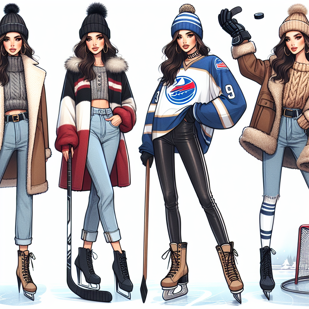 Create a series of images spotlighting stunning, fashionable outfits designed for women attending hockey games. The first image should depict a Caucasian woman wearing a trendy winter coat, peppy scarf, and denim jeans casually standing next to a miniature hockey stick. Another should showcase a Hispanic woman sporting an oversized team jersey over a pair of stylish leather leggings and ankle boots posing near an ice rink. Let the third image feature a Black woman elegantly donning a warm, fur-lined parka, skinny jeans, and knee-high suede boots, with a hockey puck in her hand. Finally, portray an Asian woman rocking a cute beanie hat, cable knit sweater, high-waisted jeans, and snow boots, just having thrown a hockey puck onto an ice rink.