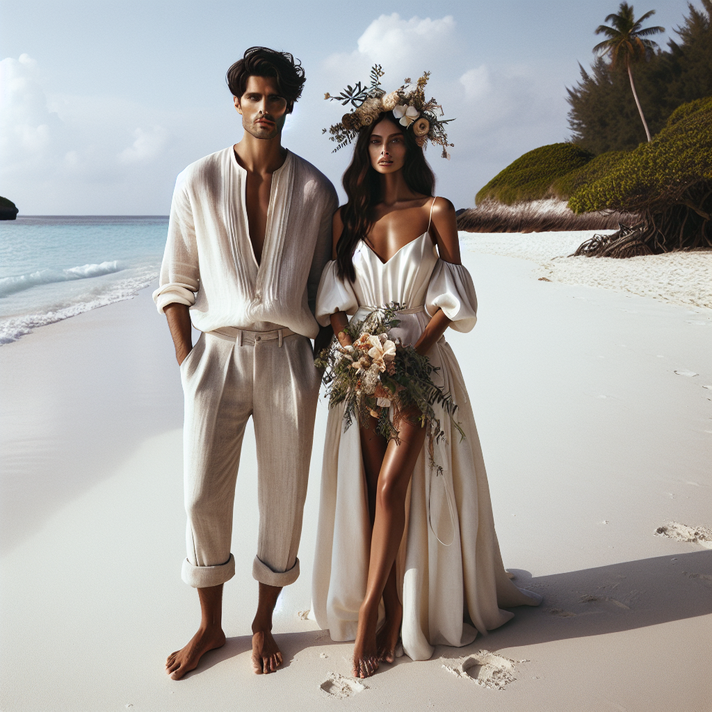 Stunning Beach Wedding Attire: Effortless Elegance Visualize a serene and beautiful beach setting with a wedding ceremony taking place. Capture the atmosphere of the salty sea air and the soft murmurs of waves. Paint a bride and groom who represent effortless elegance in their attire. The groom is a Hispanic man, dressed in an off-white linen suit with a loose tie and rolled-up sleeves, standing barefoot on the white sands. On the other hand, the bride is a Middle-Eastern woman, clad in a flowing white silk gown and barefoot, her hair adorned with an assortment of tropical flowers. They each radiate happiness and tranquility, perfectly complementing the natural beauty around them.