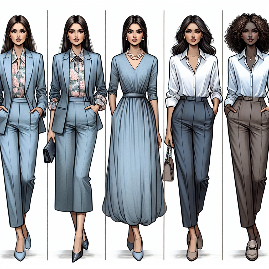 Stunning Job Interview Outfits for Women: Effortless Style Visualize an array of stunning job interview outfits for women that exhibit effortless style. On the left, depict a South Asian woman wearing a contemporary sky blue pantsuit paired with a pastel floral blouse, adding a touch of femininity. In the middle, show a Middle Eastern woman in an elegant cocoon-shaped grey dress complemented by a statement pearl necklace. On the right, illustrate a Black woman in a classic white button-up shirt tucked neatly into high-waist navy trousers, her look completed with a pair of chic tan loafers. Each woman radiates confidence and style, ready for her upcoming job interview.