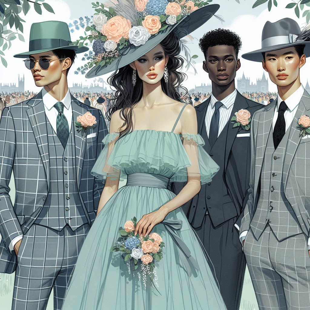 Illustrate an elegant outdoor scene during the afternoon. Include a group of people. A Caucasian woman is wearing an extravagant derby hat decorated with artificial flowers of various pastel shades and a matching flowy dress in mint green. Beside her, a Hispanic man is dressed in a fashionable checked three-piece suit with a rose boutonniere. A Black woman is looking chic in a blue knee-length dress paired with a wide-brimmed black hat adorned with white feathers. An Asian man is dressed dapperly in a grey tailored suit and a matching grey derby hat. They're all enjoying the festive atmosphere.