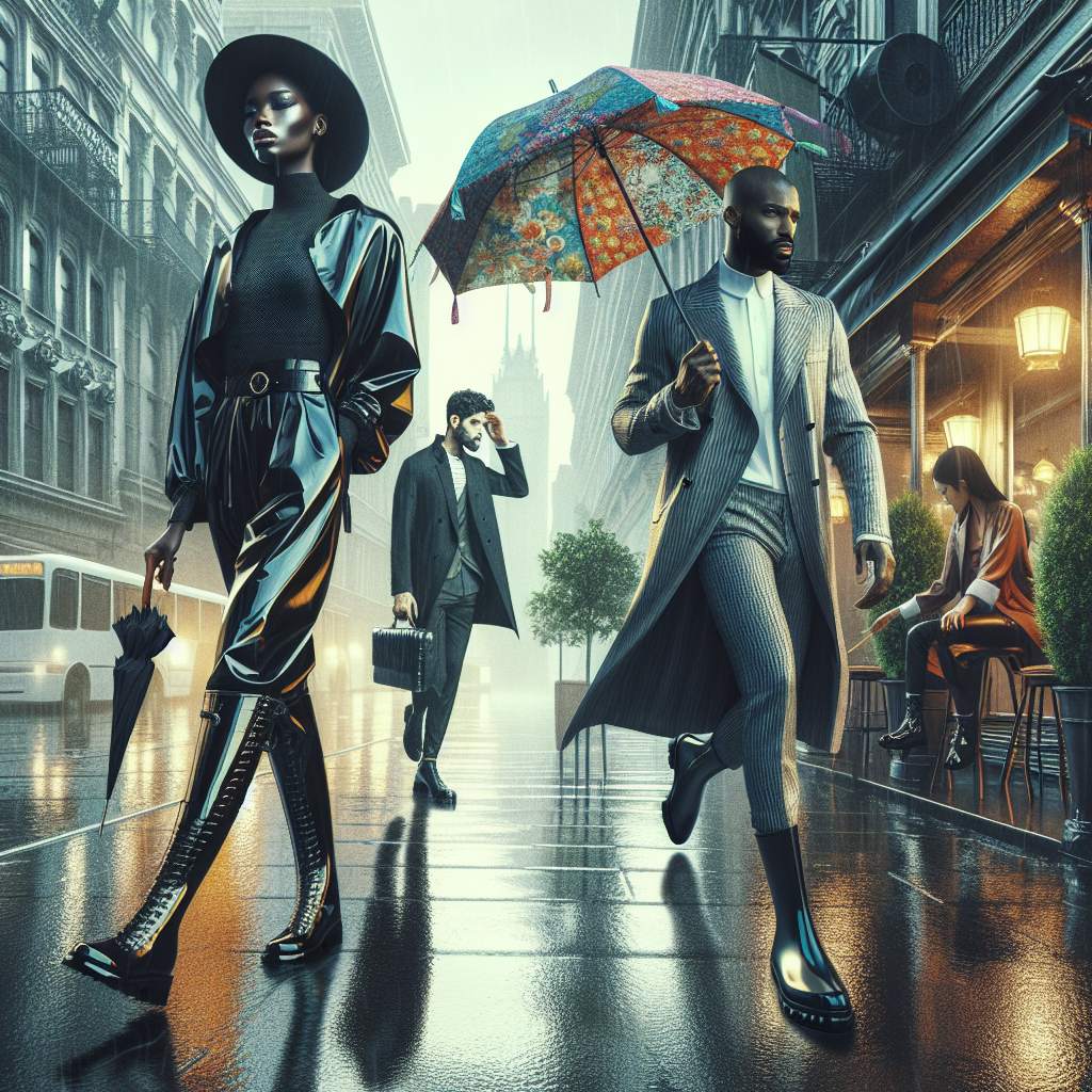 Create an image showcasing stylish rainy day outfits. The scene is a chic city street after a fresh rain. In the foreground, a Black woman is wearing a fashion-forward raincoat, waterproof boots, and a trendy hat. She holds a designer umbrella festooned with vibrant colors. Across the street, a Middle-Eastern man, clad in a sleek waterproof suit and stylish rain boots, strides confidently through the light drizzle. To the far right, a South Asian woman is seen under the protective awning of a caf&eacute;, adjusting her on-trend waterproof bag. The wet pavement reflects the cool tones of the overcast sky and city lights.