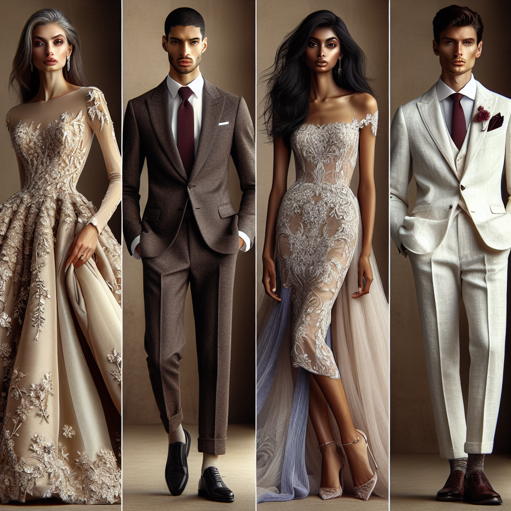 Stunning Outfits for Civil Weddings: Effortless Elegance A curated display of four stunning outfits representing effortless elegance and suited for civil weddings. The first outfit is represented by a majestic gown worn by a middle-aged Caucasian woman, boasting a beige color with floral lace detail. The second outfit, modeled by a young Black man, showcases a refined charcoal grey suit with a maroon tie. In the third, a South Asian woman proudly flaunts a sleek cocktail dress in royal blue. Finally, the fourth ensemble features an elder Hispanic man sporting a creamy-white linen suit with a pastel pink dress shirt.