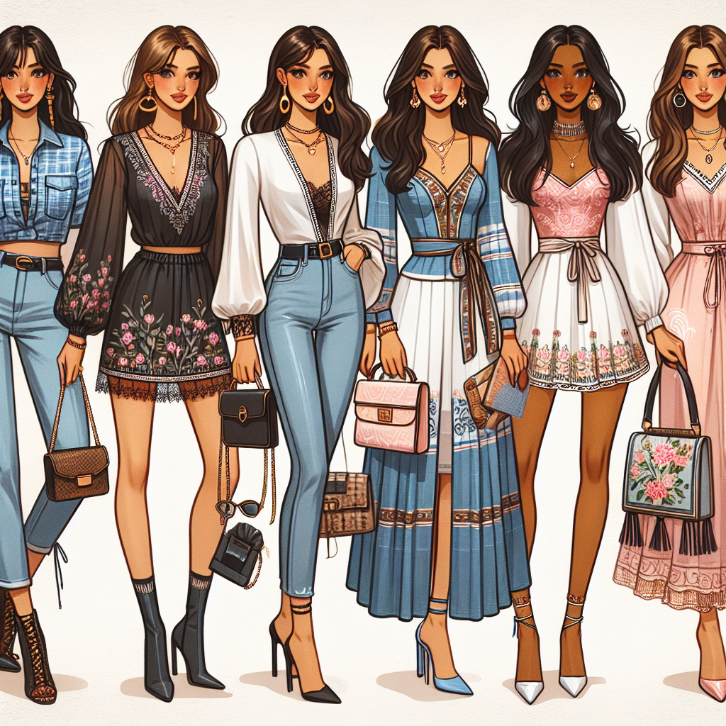 An assorted collection of stunning first date outfits for women of different descents and body types. Include a casual-chic denim look with a trendy blouse for a Caucasian woman, a sophisticated little black dress with accessories for an Hispanic woman, a vibrant and stylish traditional South Asian ensemble for a South Asian woman, an elegant pastel dress for a Black woman, and a stylish modern Middle-Eastern outfit for a Middle-Eastern woman. Add some accessories such as handbags, fashion jewelry, and footwear to complete each look.