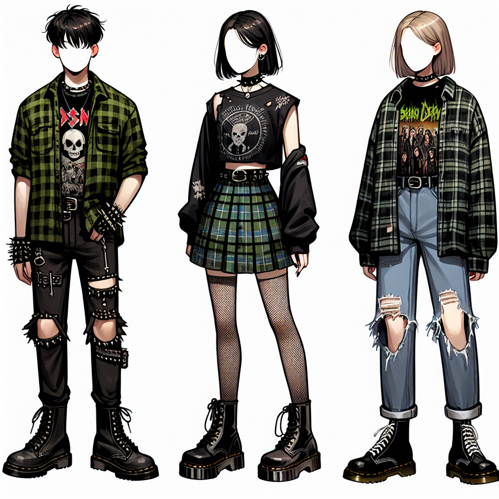 Create an image showcasing three unique concert outfit styles suitable for attending a rock music concert. The first outfit should be a punk-inspired look for a South Asian male, featuring a green and black plaid shirt, ripped black jeans, and leather boots. The second outfit is for a Caucasian female, which includes a distressed band t-shirt, a camo-print mini skirt, and chunky black boots. The final outfit is for a Middle-Eastern non-binary individual, featuring a grunge style oversized flannel shirt in various shades of green, black ripped skinny jeans, and doc martens.