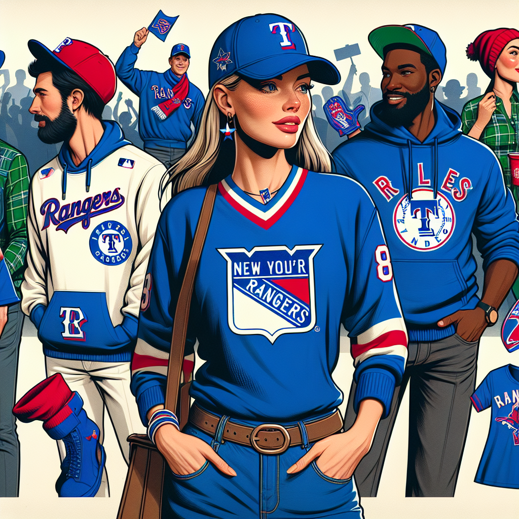 Must-Wave Rangers Game Outfits for Every Fan Imagine a variety of sports fan apparel suitable for a rangers game. In the center, there's a Caucasian woman wearing a royal blue jersey displaying a stylized ranger emblem, complemented by a red baseball cap. To her left, a Hispanic man is seen with a white sweatshirt featuring a large, embroidered ranger logo, paired with a blue scarf. On the right, a Black man is styled in a green and blue plaid shirt with patches of the ranger mascot, accessorizing with a vibrant red beanie. In the background, fans of various genders and descents sport similar items, reveling in their shared enthusiasm. All rooted for the home team, waving flags, foam fingers, placards, and balloons in their team's colors.