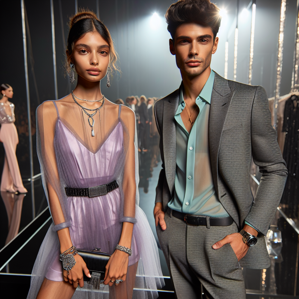 Two fashionably dressed individuals presenting elegant solutions to styling sheer dresses. One individual, a Black woman with her hair styled in a chic updo, wears a lavender sheer dress layered over a fitted dress. She accessories her outfit with statement jewelry. The other individual, a Hispanic man with a trendy hairstyle, wears a tailored blazer over a sheer mint-green shirt, paired with sleek trousers. He carries a stylish clutch bag as an accessory. The backdrop is a glitzy fashion event, creating an atmosphere of effortless chic and glamour.