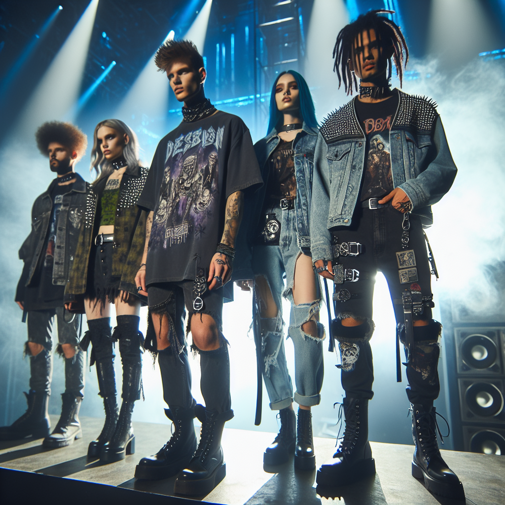 A stage under ambient blue light, featuring cascading speakers and intense fog. In the foreground, a group of individuals showcasing their edgy and cool outfits. A Caucasian woman wearing ripped black jeans paired with an oversized grungy band t-shirt, accented with a studded leather belt. Next to her, a Hispanic man with a mohawk, sporting a studded leather jacket and dark combat boots. A South Asian woman stands on the other side, with dreadlocks, in a vintage denim jacket styled with iron-on patches and high-waisted distressed shorts. They're all accessorized with bandanas, chokers and tall boots, embodying the grunge aesthetic.