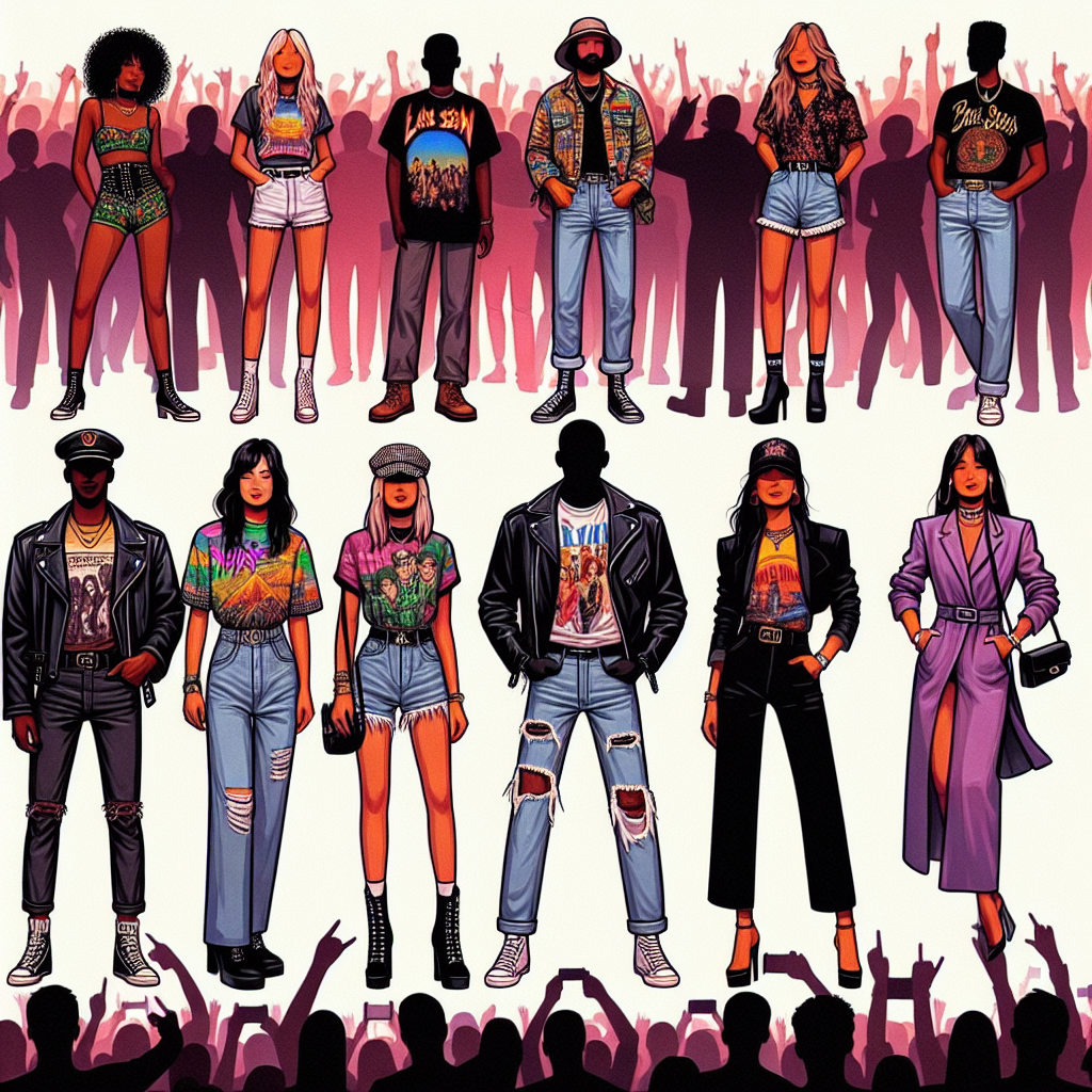 Imagine the scene of a lively, music-filled concert. There are numerous people in the crowd, each displaying unique fashion styles. A Caucasian woman is wearing trendy high-waisted shorts, a colorful vintage band t-shirt, and a black leather jacket. A Black man is worn in ripped denim jeans, paired with a vibrant, graphic print shirt and a cap worn backwards. A Hispanic woman is seen in a sleek, chic jumpsuit, paired with stilettos. These outfits reflect a range of personal styles, embodying the spirit of fun and individuality that represents concert attire. Generate this colorful and electric concert scene.