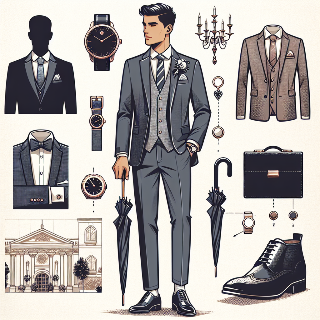 Create an illustration showcasing a stylish male South Asian wedding guest. He should be wearing a well-tailored suit with color-coordinating accessories such as cufflinks and a stylish tie. A sleek pair of polished shoes with matching belt should be included in the attire. Let's add details like a fashionable wristwatch and a pocket square. His hair should be neatly styled, and he should hold with his right hand an umbrella, symbolizing the preparedness for all weather conditions. Add a background of a classy wedding venue to portray the event's ambiance.