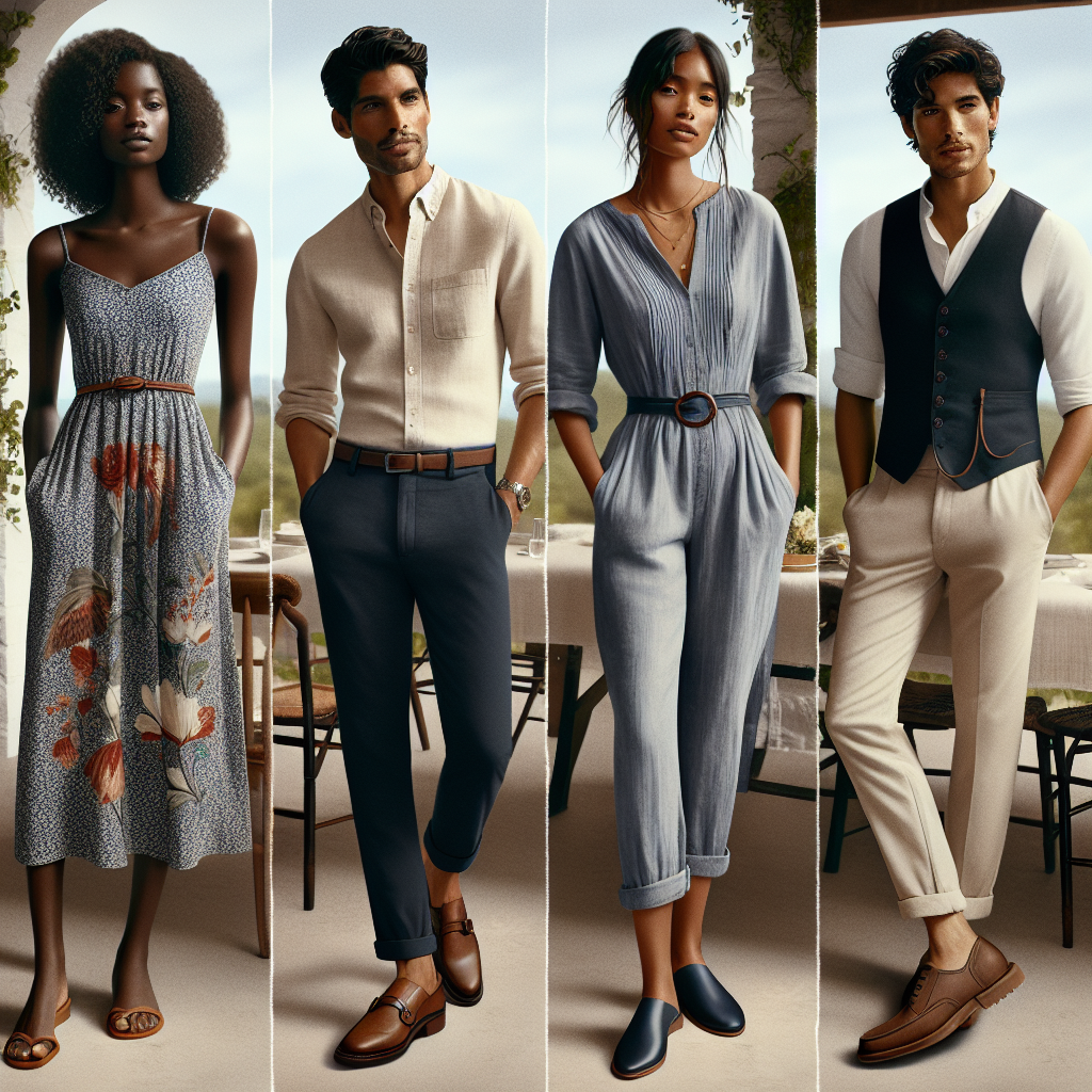 A picturesque scene featuring four individuals at a casual wedding, each showcasing a unique and stunning outfit. The first person is a Black woman wearing a beautiful, floral-print sundress with elegant, strappy sandals. The second person is a South Asian man donning a stylish, linen button-up shirt paired with tailored, navy blue chinos, and loafers. The third person is a Hispanic woman looking chic in a casual, feminine jumpsuit teemed with a flattering waist belt and comfortable, slip-on shoes. The last person is a Middle-Eastern man, who sports a smart-casual vest over a crisp white shirt and khaki trousers, set off with leather boots.