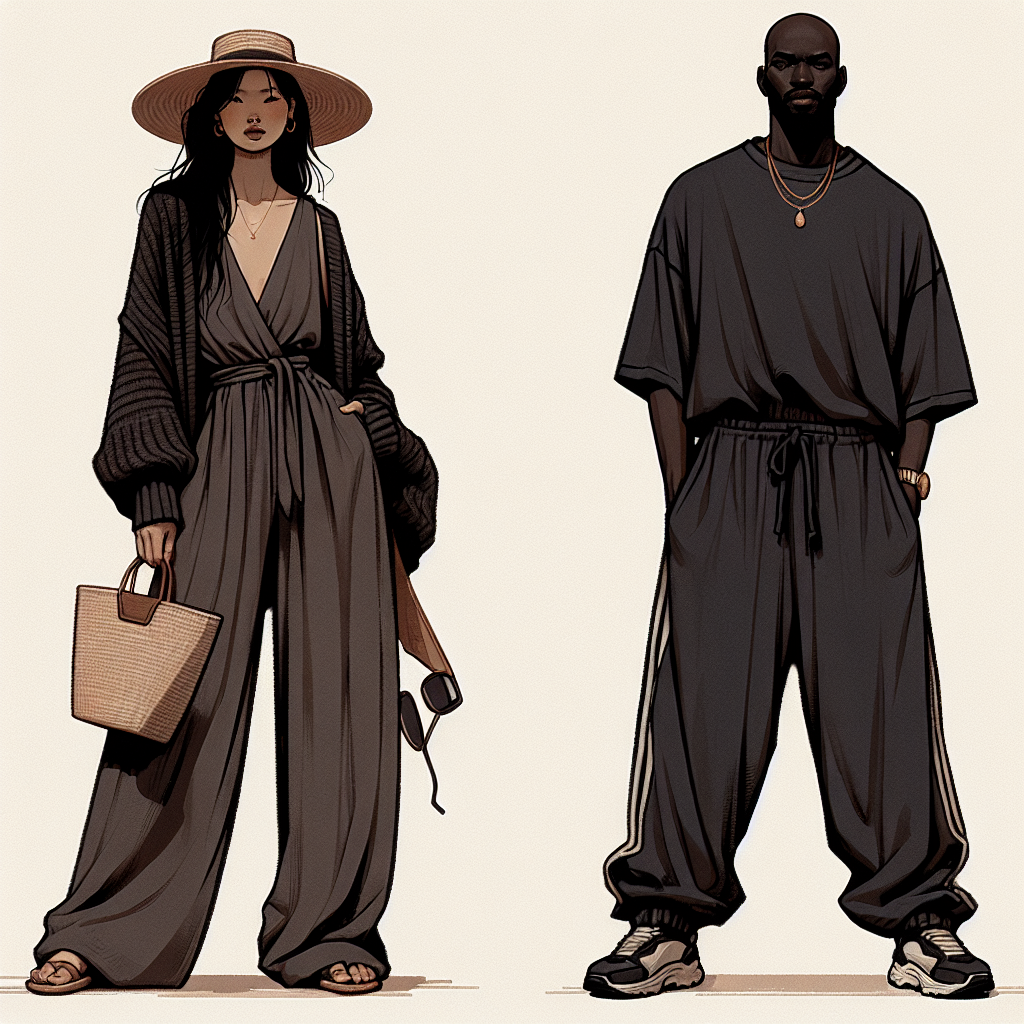 What to Wear After a Spray Tan: Effortless Choices Visualize an illustrative fashion guide for post spray tan attire. Portray an Asian woman in her 30s, effortlessly styled in loose, dark-colored clothing like a wide-legged jumpsuit and a cardigan. Alongside her, depict a Black man in his 40s, wearing baggy tracksuit or lounge pants and an oversized long-sleeve t-shirt. Show them standing against a neutral background with few accessories like a straw hat, sunglasses or flip-flops, to protect and care for their newly bronzed skin. Convey the idea of comfort, relaxation and style with their post tanning outfits.