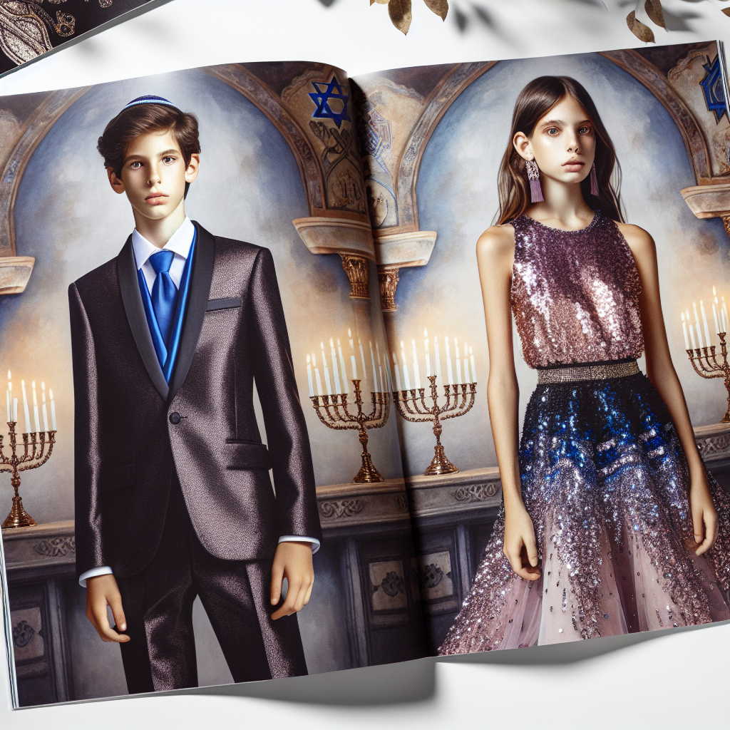 A fashion catalog featuring an array of stunning outfits for bar mitzvah ceremonies. The first page shows a young Caucasian boy dressed in a customary sleek dark suit with a hint of royal blue tied around his neck, enhancing his youthful exuberance. To his right, a Middle Eastern girl, elegantly dressed in a sequin embellished dress with hues of mauve and lavender, showcasing her effortlessly chic style. The backdrop has traditional Jewish symbols like a Menorah, Star of David creating a ceremonial atmosphere. Each outfit subtly fusing modern fashion with traditional attire, embodying a balanced blend of style and tradition.