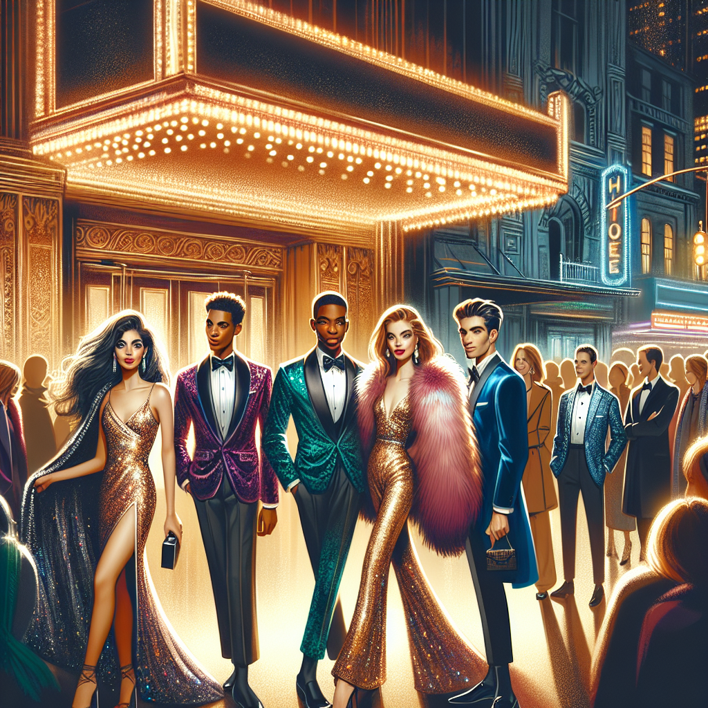 Must-See Styles: What to Wear to a Musical Show Depict a vibrant scene set at the entrance of a musical show. In the foreground, illustrate a diverse mix of fashionable people. Include a South Asian woman in an elegant jumpsuit with sequins, a Black man in a jewel-toned velvet suit, a Caucasian woman in a shimmery cocktail dress with a faux fur cape, and a Hispanic man in a timeless tuxedo. In the background, subtly show glowing marquee signs, excited crowds, and the entrance of the theater brushed with the soft golden hues of streetlights.