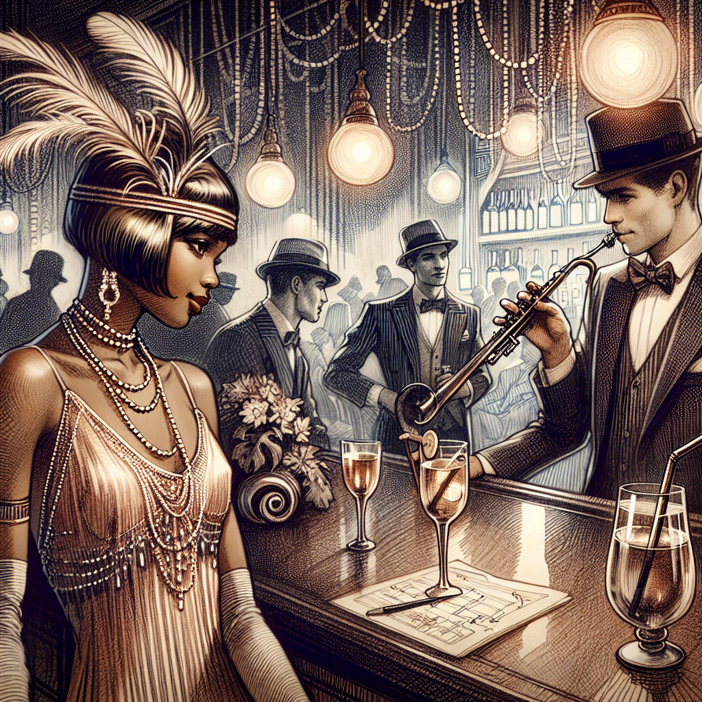 Must-Have Styles: What to Wear to a Jazz Club Create a vintage-inspired scene of a fantastical jazz club, with patrons soaking in the rhythm of the music. In the forefront, sketch an African American woman, elegantly attired in a 1920s flapper dress, her hair done in a bob-cut and accessorized by a feathered headband. Nearby, a Caucasian man in a sharp classic suit with a fedora hat, leans on the bar enjoying his drink. Don't forget the South Asian saxophonist on stage, immersed in the melodies of his instrument. Set a mood with dimmed lights, rich colours and Art Nouveau motifs. Capture the essence of jazz - cool, sophisticated, and dripping with style.