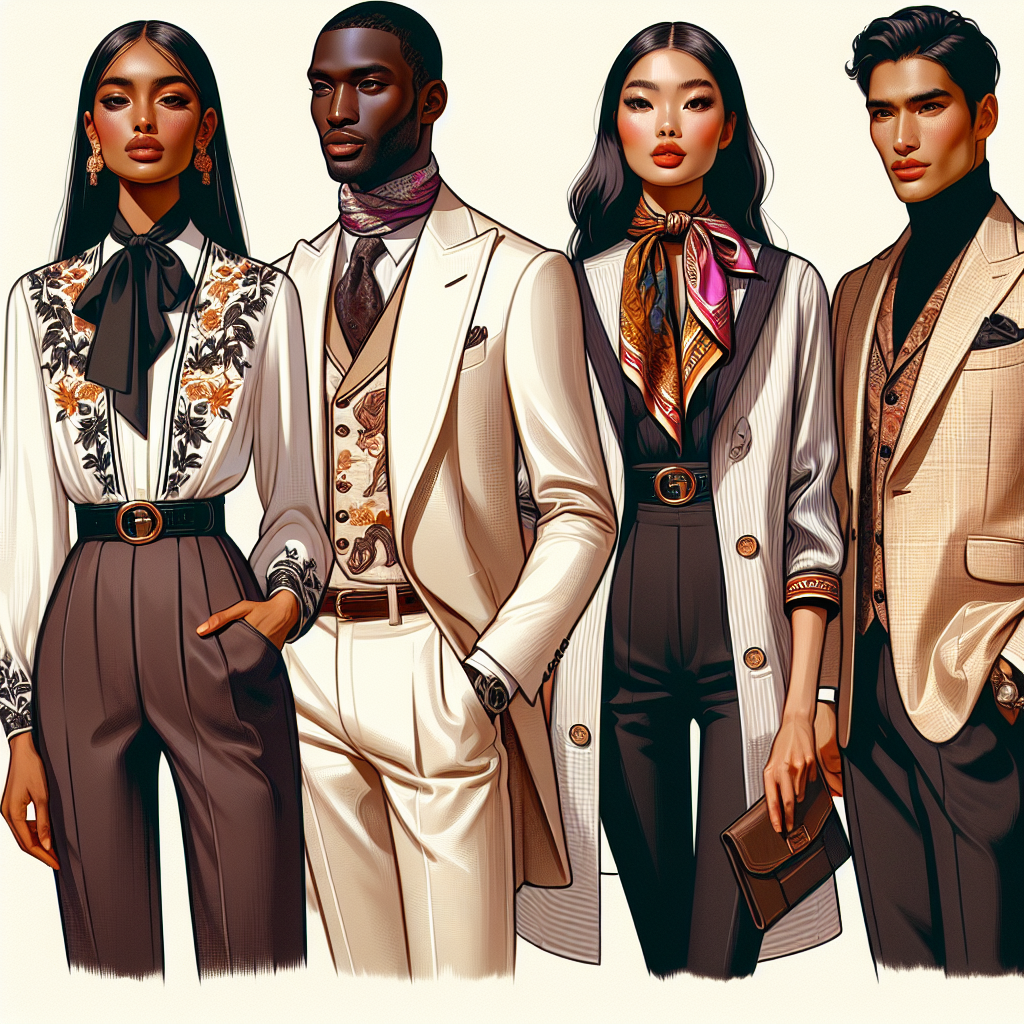 Stunning Derby Styles: What to Wear Under a Blazer Depict an elegant styling guide showcasing several stunning outfits to wear under a blazer for a horse race event specifically a derby. Firstly, illustrate a South Asian woman wearing a chic blouse with intricate embroidery, a Middle Eastern man styled in a sophisticated vest over a crisp white button-up, a Black woman in a colorful silk scarf tied around her neck, and a White man sporting a classic turtleneck. Each individual is effortlessly fashionable, radiating the electrifying ambiance of the derby. Include a variety of stylish blazers in bold and neutral tones to complete the outfits. Please do not include any brands or logos.