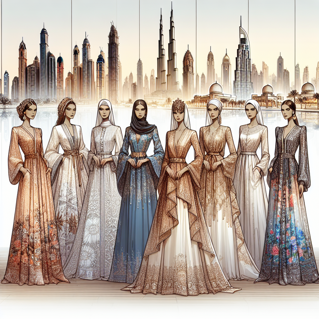 Stunning Dubai Styles: Best Dress Picks for Women Image of a fashion showcase displaying an array of stylish dresses inspired by the opulent and luxurious fashion trends found in the city of Dubai. The collection should include a variety of silhouettes, fabrics, and details that make them unique. Use Middle-Eastern descent fashion models to add realism and authenticity. It should include a cityscape of Dubai in the background.