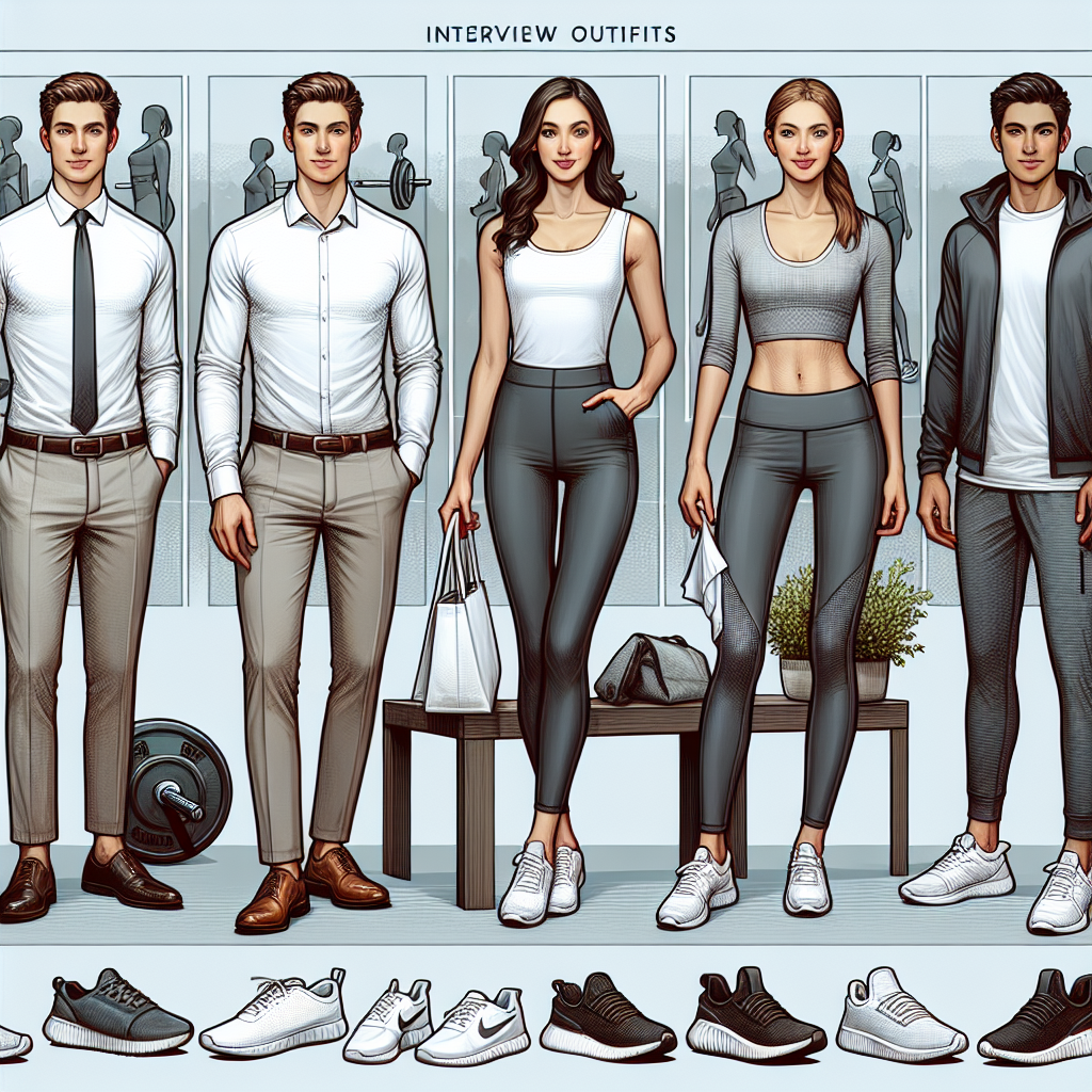 A detailed image illustrating various suitable interview outfits for a gym environment. On one side, there's a Caucasian male dressed in a smart casual ensemble consisting of a crisp polo shirt, comfortable khakis, and clean white sneakers. Beside him, a Hispanic woman showing off her outfit, consisting of a modern, neat blouse, trendy workout leggings, and stylish athletic shoes. In the center, a Middle-Eastern individual of unassigned gender, dons an elegant sports jacket, cool breathable t-shirt, sleek joggers, and running shoes. The background is a stylish blend of gym equipment.