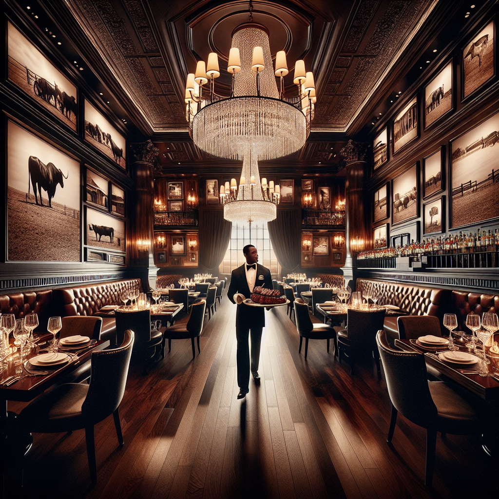 Stunning Steakhouse Styles: Effortlessly Impress Imagine a luxurious, upscale steakhouse interior that effortlessly impresses. The main dining area boasts elegant hardwood floors, walls adorned with vintage photos of cattle ranches, and soft, warm lighting that creates a cozy yet sophisticated atmosphere. crystal chandeliers hang from the high ceiling, casting a shimmering, romantic glow on the elegant cherry wood tables below. The tables are set with sterling silver cutlery, crystal wine glasses, and classic white china. A prominent Black male waiter, wearing a sleek black suit, is perfectly balancing a tray of succulent, tender steaks freshly cooked on an open charcoal grill. The steakhouse not just offers an exquisite culinary experience but also a visual treat with its flawless style.