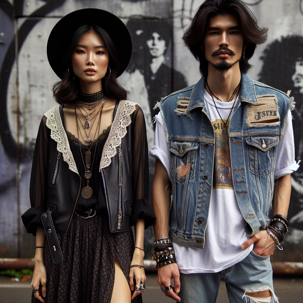 Must-Have Looks for Concerts: Effortless & Stylish An East Asian woman in a black leather jacket and ripped skinny jeans, standing next to a South Asian man wearing a vintage band t-shirt and distressed denim jacket. They both have trendy accessories such as layered necklaces and wide-brimmed hats. Behind them, a graffiti wall gives a grunge urban vibe. For the next look, a Middle-Eastern woman elegantly draped in a maxi dress with a boho-chic vest, sharing the frame with a Hispanic man in a classic white t-shirt, leather pants, and a stylish fedora. Incorporate elements of rock, indie, and boho fashion styles.