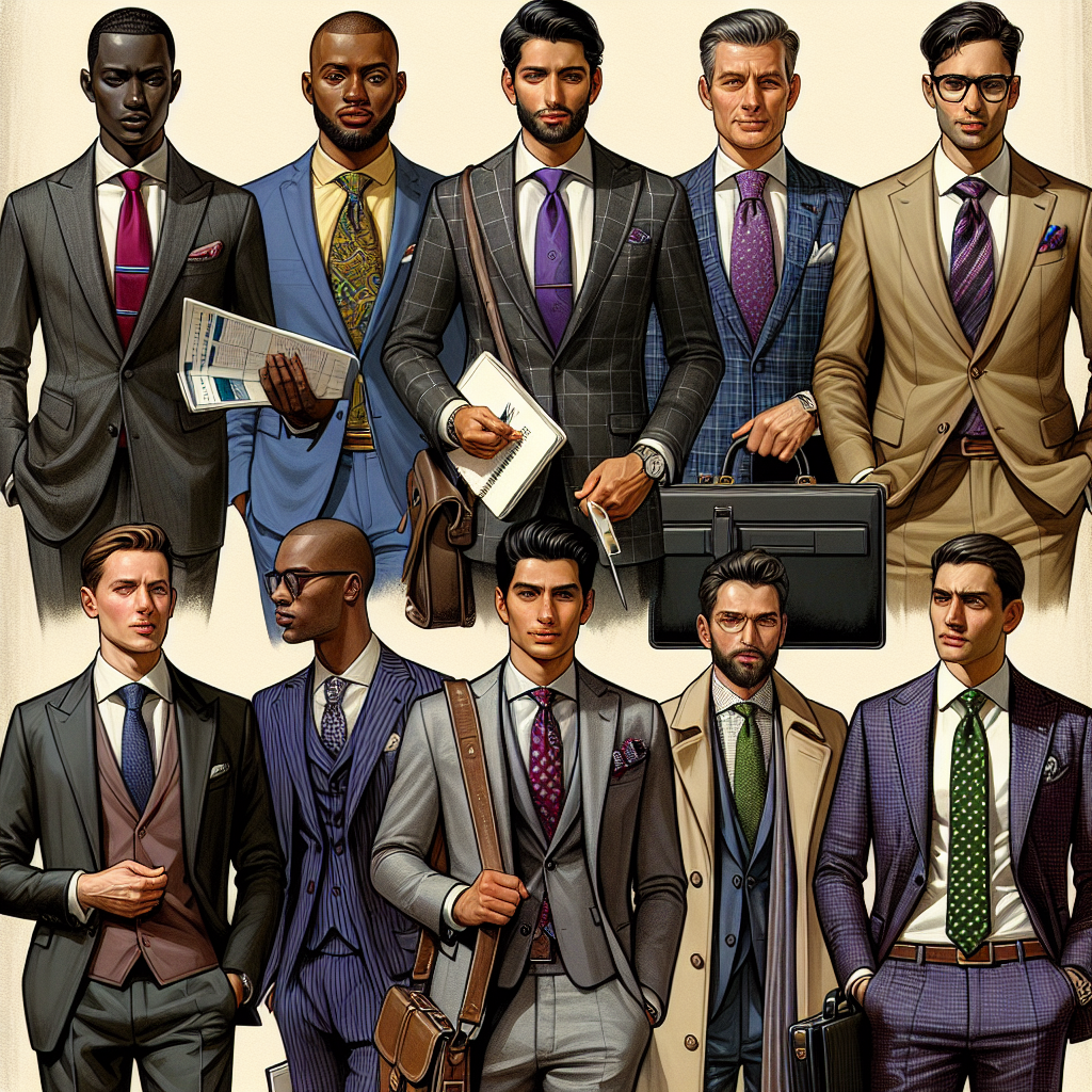 A detailed scene featuring a professional business conference is unfolding. In the forefront, a variety of men are visible, each with unique styles and different descents. A Black man wears a charcoal gray suit paired with a royal blue tie and a white dress shirt, holding an organizer in one hand. A Hispanic man is dressed in a finely tailored beige suit teamed with a lavender dress shirt and a red paisley tie, carrying a sleek black briefcase. A Caucasian man sports a navy pinstripe suit, a yellow dress shirt, and a green polka-dot tie while confidently holding a tablet. A Middle-Eastern man is wearing a black suit, pistachio green dress shirt, and a purple geometric-patterned tie, carrying a luxury leather satchel. Lastly, a South Asian man is seen in a maroon suit with a crisp white shirt and a forest green tie, his hand holding a smartphone. Each of them exudes an air of confidence and preparedness.