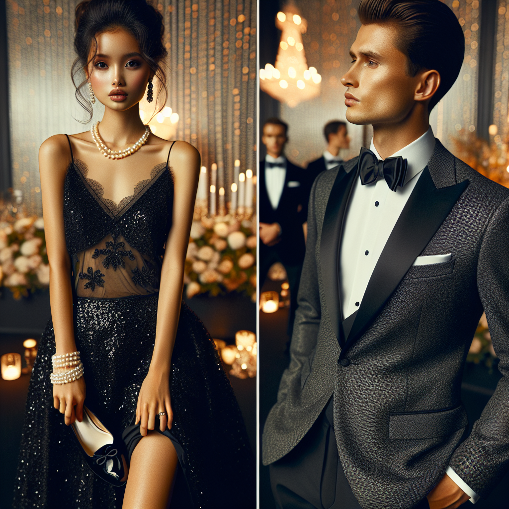 A selection of must-have outfits for black tie events. In the foreground, a woman of South Asian descent is wearing a chic, black sequin gown with delicate lace detailing. Her outfit is completed with pearl accessories and a stylish, updo hairstyle. Behind her, a man of Caucasian descent is donned in a classic charcoal grey tuxedo, neatly styled with a black bow tie and shiny oxford shoes. The scene is captured against the sophisticated backdrop of an elegantly lit gala with golden hues and chandeliers in the background.