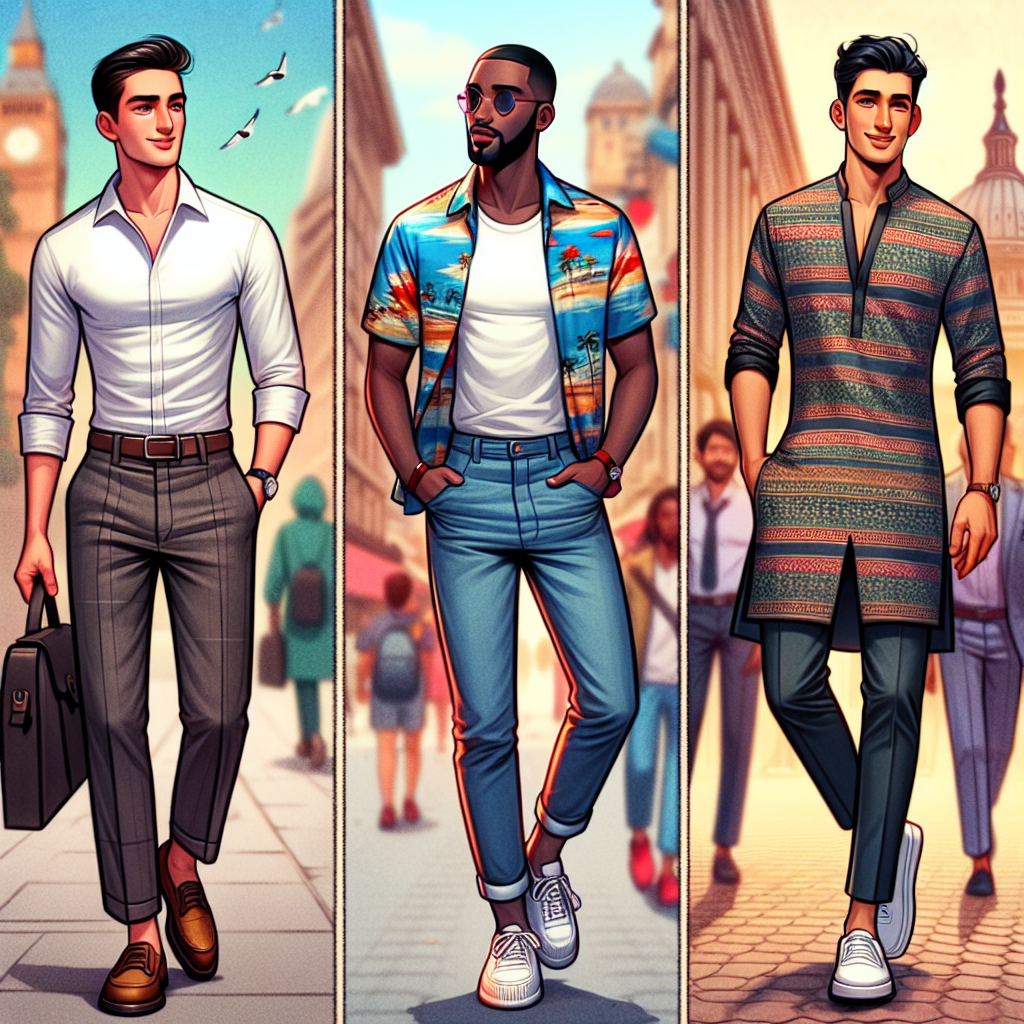 Stunning First Date Outfits Men Adore A colorful snapshot showcasing three individuals on a walk down a city street, with each one portraying a distinct outfit admired for a first date. One individual, a Caucasian male, is seen in a semi-formal ensemble - a crisp white shirt paired with dark chinos and brown loafers. The second person, a Black male, dotes an adventurous yet classy look with a printed Hawaiian shirt, denim jeans, and white sneakers. Lastly, the third individual, a South Asian man maturely carrying off a fusion of eastern and western attire by wearing a stylish Kurta with a pair of jeans and traditional jootis. The scene depicts camaraderie and an atmosphere of upbeat ambiance.