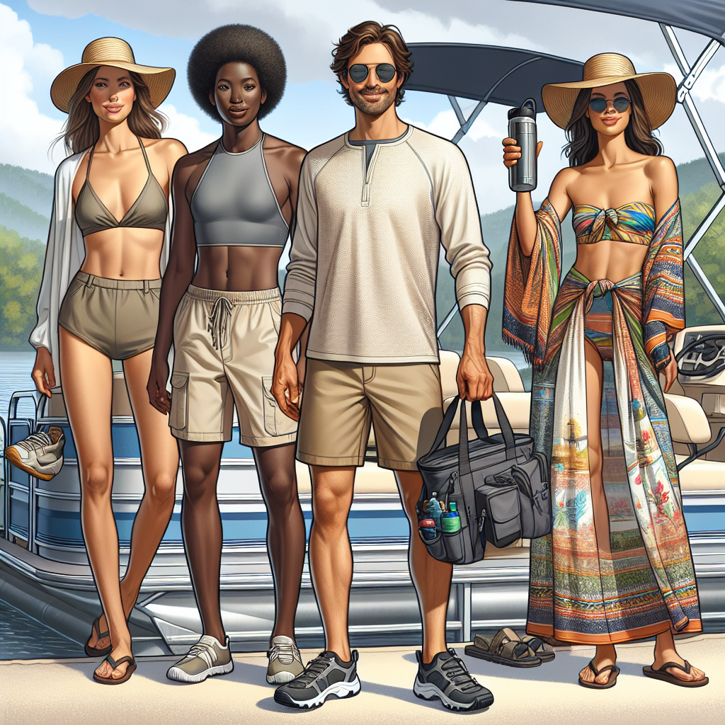 Must-Have Outfits for Pontoon Boat Adventures An ensemble of must-have outfits for pontoon boat adventures. Display a Caucasian man wearing a light-colored breathable shirt and khaki shorts with water shoes, holding sunglasses. Beside him, show a Black woman in a colorful bathing suit, a sarong wrap and flip flops, waving a wide-brimmed sun hat. In the background, depict a Hispanic woman in a comfy maxi dress, a sun visor hat and sandals, holding an insulated water bottle. Include a pontoon boat on a calm lake under the sunny sky, to set the context.