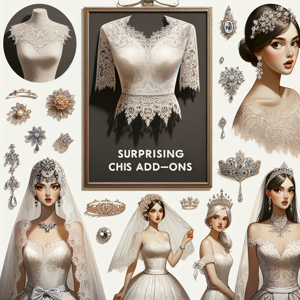 Stunning Wedding Outfit Add-Ons: Effortless Elegance Create a captivating image showcasing a variety of surprising and chic wedding dress add-ons. These items can include detailed lace shawls, elaborate veils, vintage brooches, and sparkling tiaras, all of which offer a timeless look. There should be a diverse display featuring items on a couture mannequin as well as being worn by women of different descents such as a Middle Eastern woman in a lace shawl, a Caucasian woman in a sparkling tiara, and an Asian woman wearing an elaborate veil. Ensure the atmosphere of the image exudes effortless elegance and sophistication.