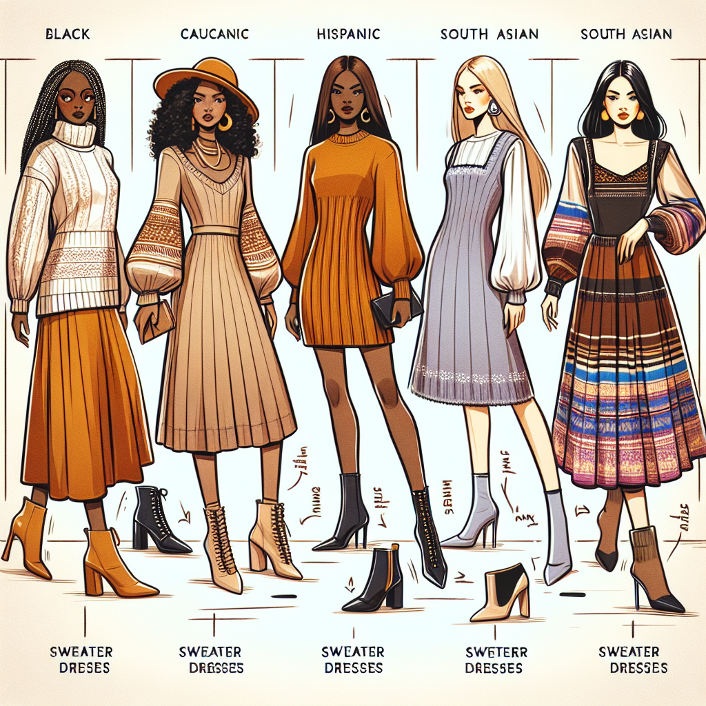 Illustrate a trendy fashion scene, with five different individuals from various descents like Black, Caucasian, Hispanic, South Asian, and Middle-Eastern, showcasing various styles of sweater dresses. Each of them is presenting a unique pair of stunning shoes exclusively selected to complement their sweater dresses. The scene captures the vibe of a fashion guide, with annotations indicating the key features of each ensemble. Maintain focus on the shoes and dresses to highlight how they have been paired together.