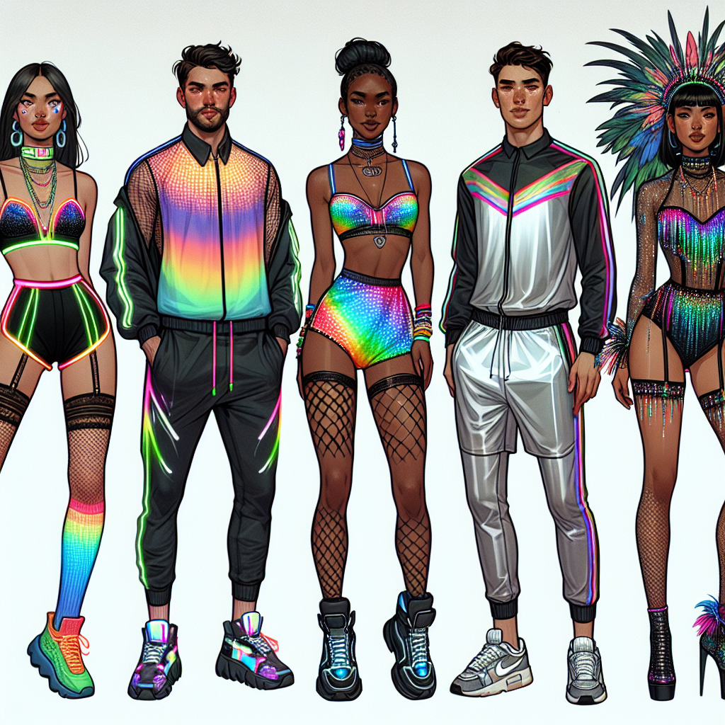 Rave Essentials: Stunning, Effortless Outfits for You Design a selection of eye-catching rave outfits. Display five fashionable individuals standing side by side. From left to right, depict a Hispanic woman wearing neon high-waisted shorts and a holographic top, an East Asian man clad in black joggers and a colorful tie-dye shirt, a Black woman showcasing a vibrant bodysuit with fishnet stockings, a Caucasian man in a metallic tracksuit and LED sneakers, and finally a South Asian woman in a sequined playsuit and feathered headdress. These outfits should reflect the energetic and expressive culture of the rave scene.