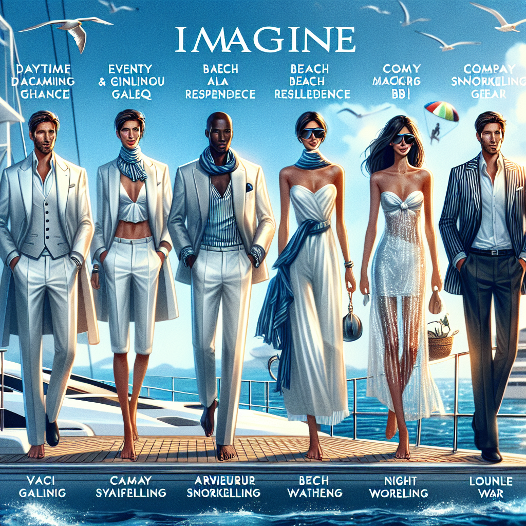 Imagine a series of five different luxury yacht outfits, designed to complement a glamorous sailing lifestyle. Each ensemble is tailored to fit a different yacht event: a daytime display of refined elegance, an evening gala resplendence, a casual beach BBQ attire, an adventurous snorkeling gear, and a comfy night lounge wear. Envision a diverse group of individuals modeling these outfits, with a balanced representation of Caucasian, Hispanic, Black, Middle-Eastern, and South Asian descents, and a mix of gender presentations. The image radiates the feel of a high-end fashion catalog with the sparkling blue sea as the backdrop.