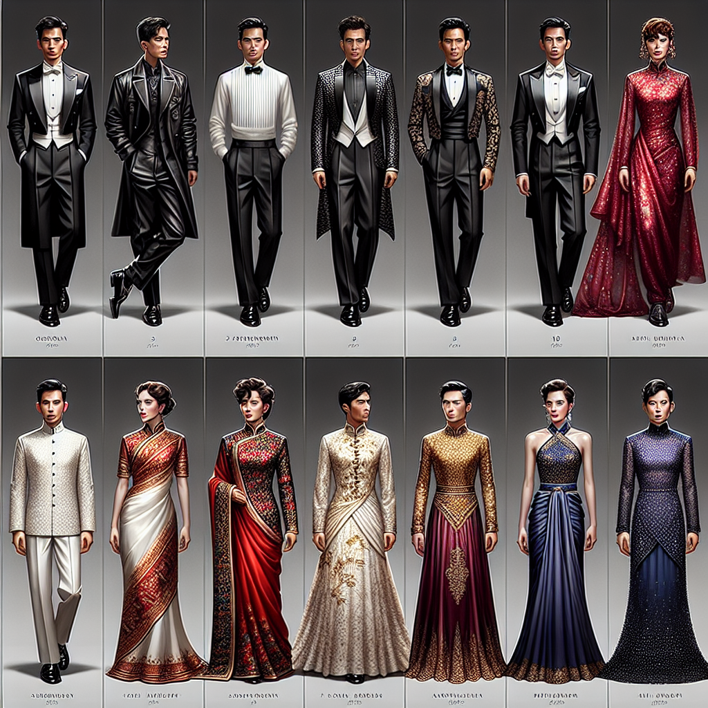 Formal Dinner Outfits: Stunning, Must-Have Styles Present an elaborate showcase of formal dinner outfits from various cultures and periods. The display includes: (1) A black-tailored tuxedo accompanied by a white pleated shirt, a black satin bow tie, and patent leather shoes, modelled by a Caucasian male. (2) A red cheongsam with intricate embroidery and beadwork, adorned by an Asian female. (3) A Hispanic male fashioning a white Guayabera paired with black formal trousers. (4) An Indian saree in rich hues of gold and maroon, accompanied with matching jewelry, donned by a South Asian woman. (5) A Middle-Eastern woman in a deep blue chiffon Abaya embellished with sequins.