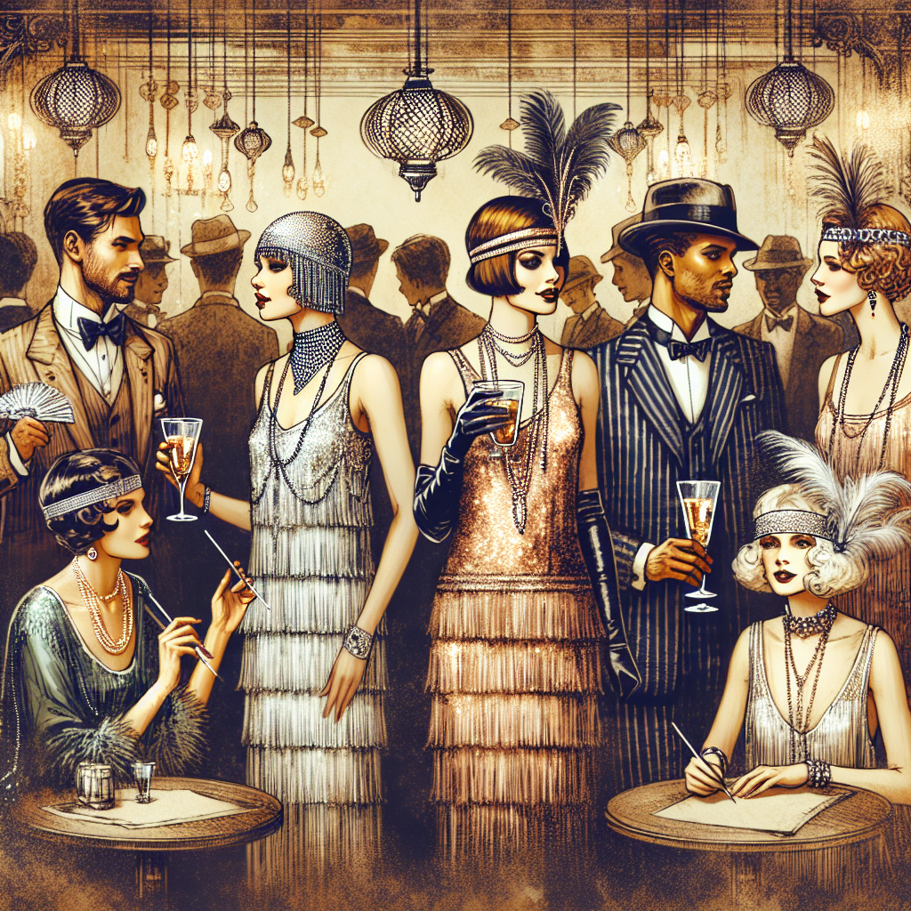 Stunning Speakeasy Attire: Must-Have Looks An exploration of stunning speakeasy attire, featuring essential must-have looks. Visualize a gathering in a roaring 20s underground bar. Capture the glamourous details of 1920s fashion. Art Deco inspired designs, fringe dresses, sequin-studded attire for women, well-tailored suits with a crisp white shirt, braces, and fedoras for men. People of various descents can be seen: a Caucasian female elegantly dressed in a sequin flapper dress complete with long strings of pearls, an Asian male donning a well-fitted three-piece suit paired with a cloche hat, a Black male displaying sophistication in a bow tie and pinstriped suit, and a Hispanic female in a fringe dress adorned with headbands embellished with feathers and jewels. Everyone sipping on classic cocktails and socializing.