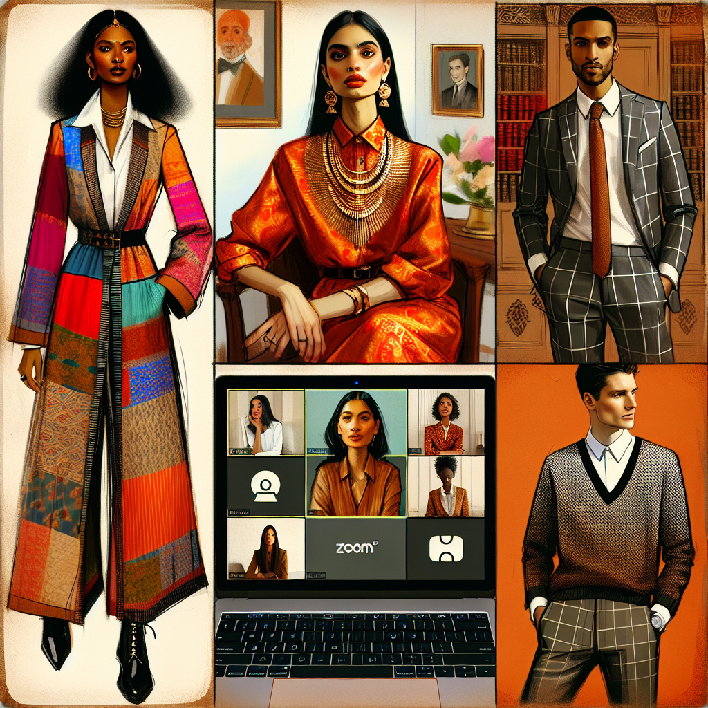 Stunning Outfits for Zoom Interviews: Dress to Impress! Imagine a collage showcasing a variety of stylish outfits for video conferencing. In one corner, visualize an elegant South Asian woman, strong and confident, dressed in a vibrant kurta with modernized patterns. Next to her, depict a sophisticated Hispanic man wearing a dapper blazer over a pristine white shirt. Further along, depict a Black woman exuding poise in a chic blouse and statement necklace. Lastly, envision a Caucasian man, comfortable yet professional, in a neat sweater paired with complementary trousers. In the center, feature a laptop with the 'Zoom' logo on its screen.