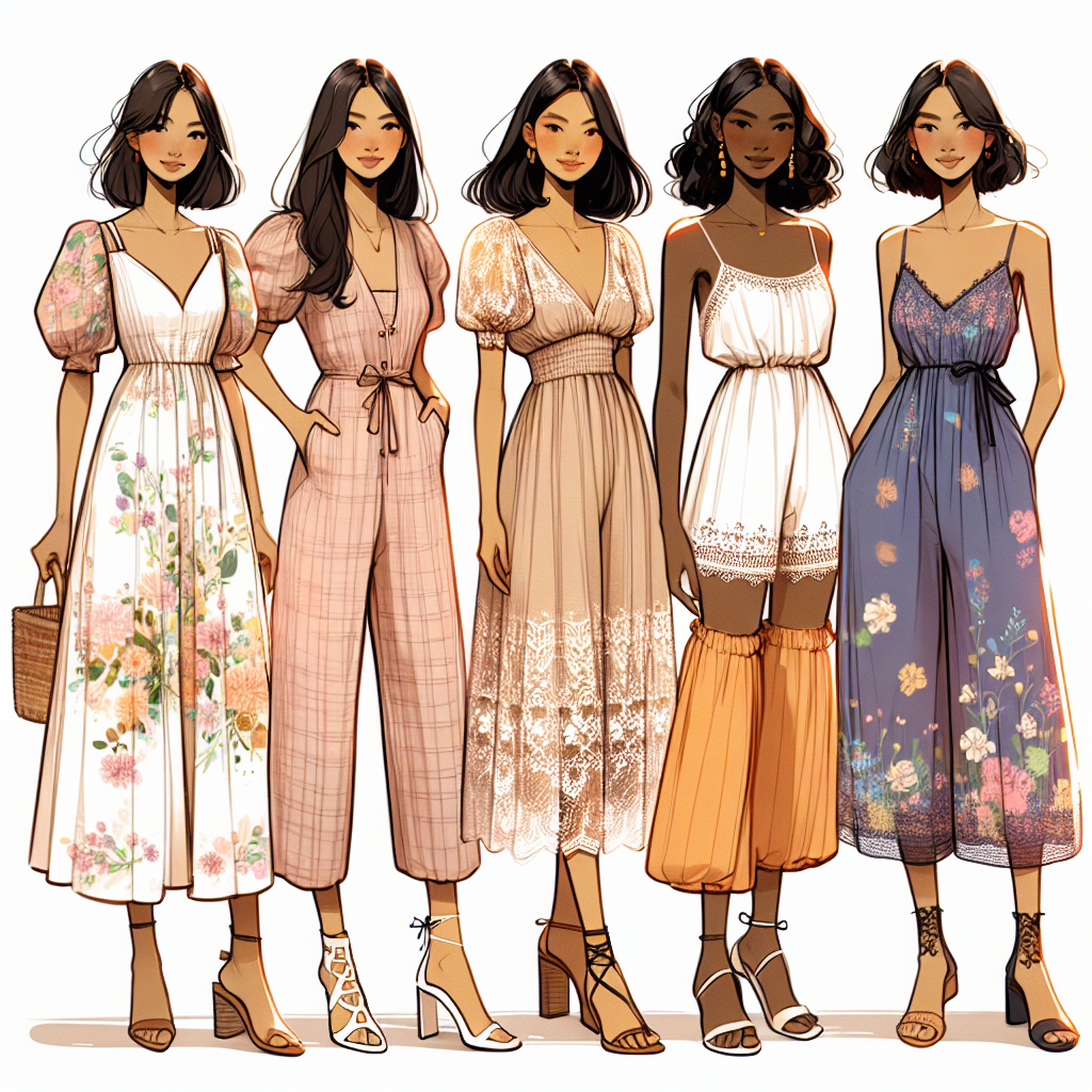 Demonstrate a collection of high-end, stylish outfits suitable for a baby shower. These ensemble pieces should exhibit an air of effortlessness yet sophistication. For variety, portray four standalone outfits. For one, visualize a Caucasian woman in a floral summer maxi dress, another display an Asian woman in a pastel-colored jumpsuit, a third display a Black woman in a dainty lace sundress and the last one visualize a Hispanic woman in a vibrant, loose-fit tunic. The outfits are adorned with elegant yet comfortable footwear and minimalist accessories, celebrating the joyous occasion.