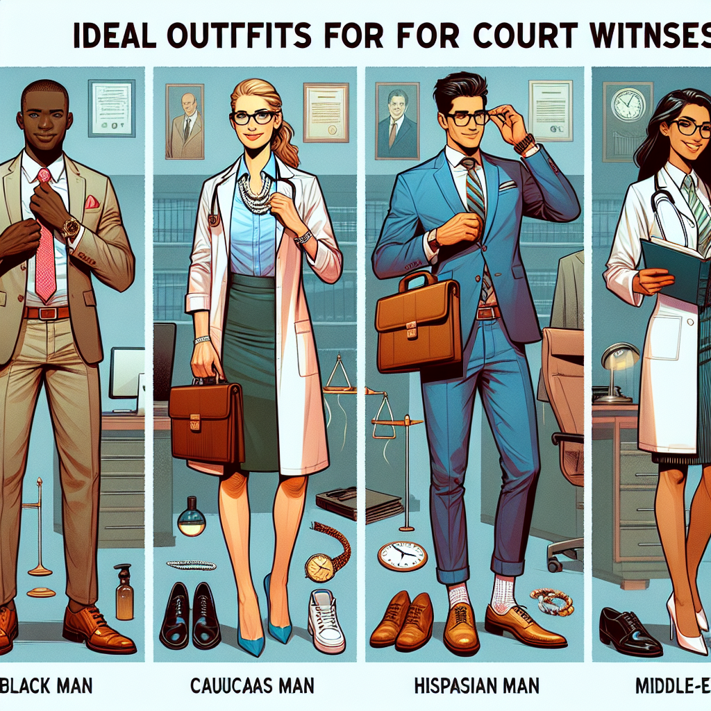 Court Attire Guide: Discover the Best Witness Outfits An illustrative guide revealing ideal outfits for court witnesses in various settings. The image should feature four different individuals of diverse races: a Black man, a Caucasian woman, a Hispanic man and a middle-Eastern woman. Each should be appropriately and stylishly dressed for a court appearance. The image should also highlight appropriate accessories such as ties, briefcases, watches, clean shoes, and conservative but tasteful jewelry. The backdrops should hint at their professions: an office (showing a businessman clinching a tie), a laboratory (showing a scientist adjusting her glasses), a university (showing a professor holding a book), and a hospital (showing a nurse checking her wristwatch).