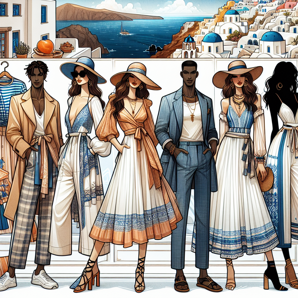 Stunning Greece Outfits: Look Effortlessly Chic, Not Touristy A detailed fashion collection illustration that captures the essence of chic non-touristy Greece inspired outfits. The collection includes garments for every kind of weather and occasion. The color palette is heavily inspired by the blue and white hues of Greek architecture, the warm tones of the sand and the vibrant colors of Greek salads. The perfect mix of elegance, comfort and local appeal. The illustration also captures a Caucasian woman and a Black man wearing some of these stylish outfits, radiating confidence and chicness. The backdrop subtly hints at the aesthetics of Santorini; the classic white buildings and the enchanting waters of the Aegean Sea.