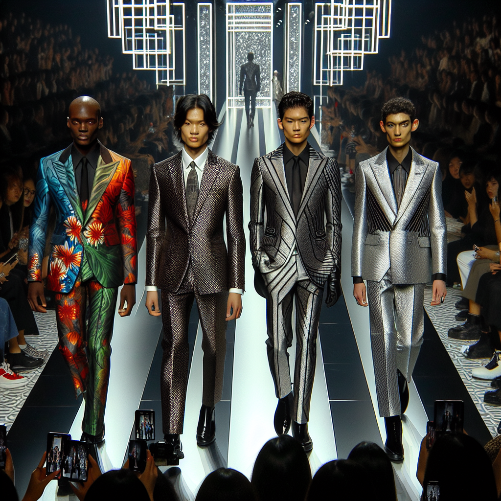 Design a series of must-have suits for the 2024 fashion shows. In this vision, there should be four models on a fashion show runway each wearing a different suit design. The first model is a Black male, sporting a sharp, tailored suit with vibrant hues that evokes the flowering blooms of spring. The second model is an Asian female, adorned in a sleek, futuristic suit crafted from metallic fabrics. Next, a Middle-Eastern individual of non-binary gender graces the runway in a creative suit displaying bold geometric patterns. Lastly, a Caucasian female model dons a suit inspired by classic lines and minimalist aesthetics. The audience is exhilarated and engaged by the chic and diverse designs.