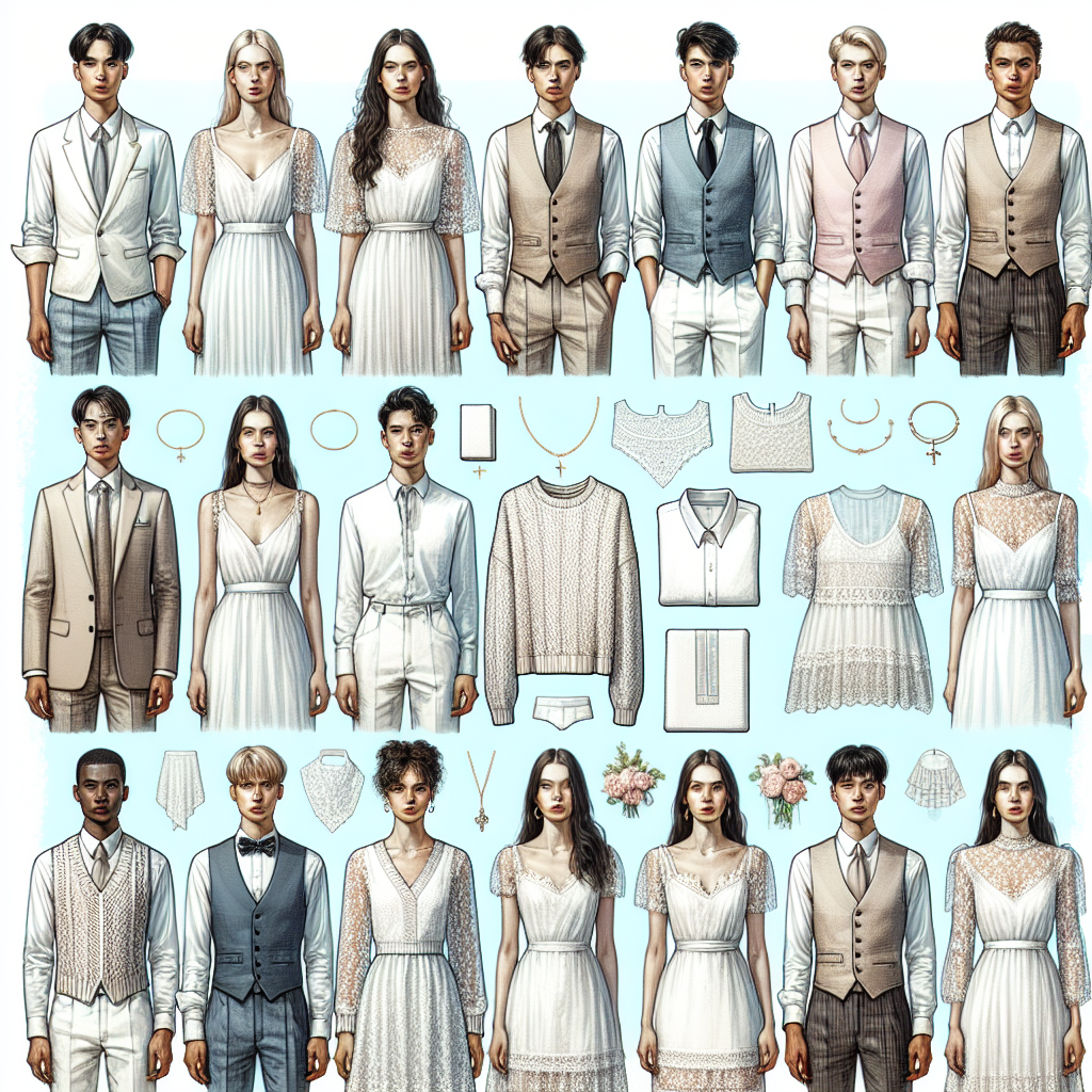 Create a highly detailed, fashionable image depicting a variety of must-have styles suitable for a baptism. The focus should be on what can be worn under a vest. Show a diverse group of people of multiple descents, like Caucasian, Asian, Hispanic, and Black, both male and female. Include elegant pieces like collared shirts, lace blouses, lightweight sweaters, and delicate jewelry. Display a range of colors that are often associated with baptisms such as white, pale blue, and light pink. Accompany these staples with stylish vests in coordinating colors and fabrics. Do not depict any religious ceremonies, just focus on the clothing.