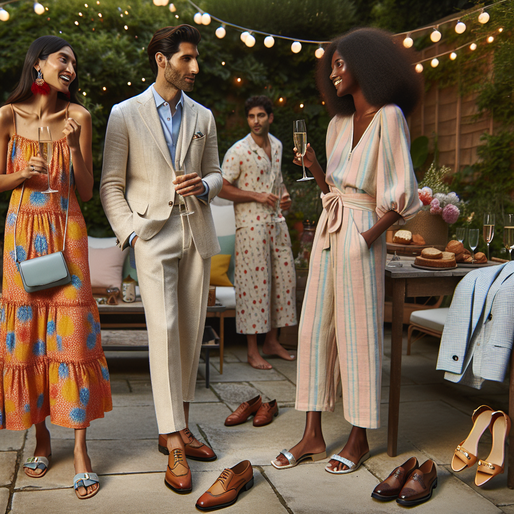 What to Wear to a Casual Engagement Party: Exclusive Tips A lively, casual engagement party scenario, taking place outdoors in a well-decorated garden with fairy lights twinkling in the background. Three guests of different descents - a South Asian woman wearing a fashionable maxi dress with bright floral prints, a middle-Eastern man in a light-colored linen suit paired with loafers, and a Black woman donning a chic jumpsuit in pastel colors paired with statement accessories. They're all seen laughing and chatting, holding champagne flutes in their hands. Display a few fashion accessories separately - a pair of brogues, an elegant clutch, and some statement jewelry.