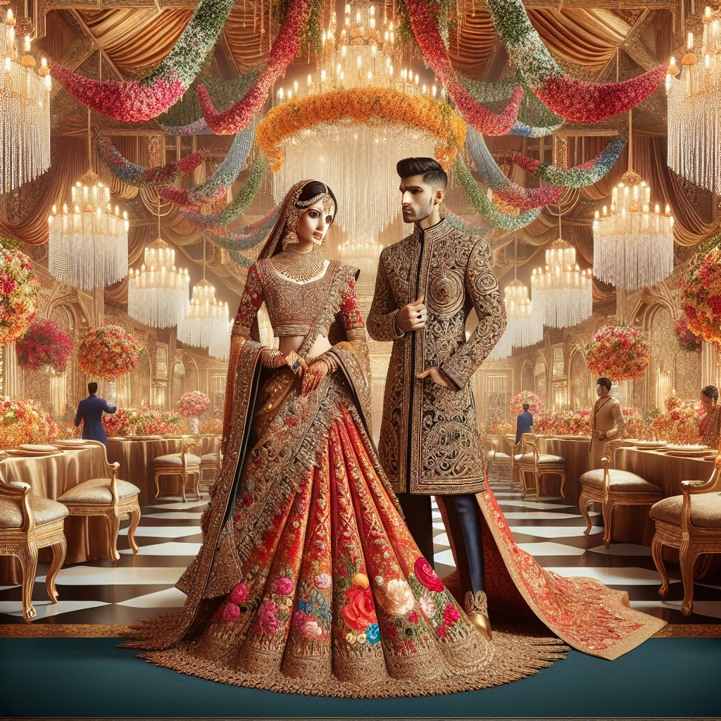 Stunning Outfits for Indian Wedding Receptions Create a spectacular visual array of vibrant and colourful Indian wedding reception outfits. Display an elegant, regal saree on a South Asian woman with the intricate techniques and materials like gold embroidery and silk fabric that make Indian couture so distinctive. Also depict a man in a richly decorated sherwani, which combines luxurious fabrics with detailed craftsmanship. The backdrop should be the interior of a marvellously adorned banquet hall, with layers of draped fabrics, cascades of flowers, and dangling crystal chandeliers, putting forth the opulence and warmth of Indian wedding celebrations.