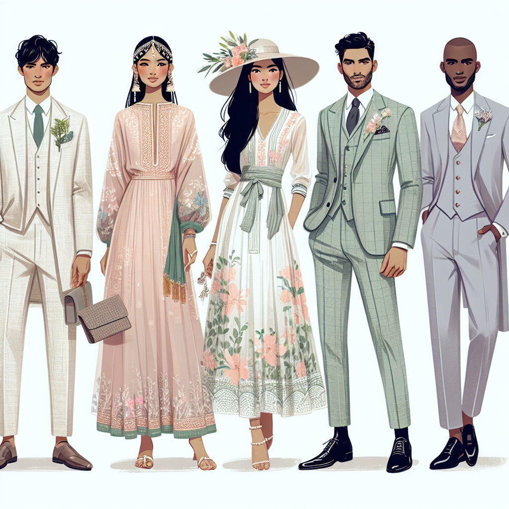 Spring Wedding Styles: Must-Have Outfits for Every Guest Visualize a variety of outfits suitable for spring weddings. Include three fashion looks for men and women each. For men, imagine a sleek Middle-Eastern man in a casual but refined cream-colored linen suit, a South Asian man in a vibrant pastel sherwani, and a Black man in a formal light-gray three-piece suit. For women, envision an East Asian woman in a floral-patterned sundress with intricate accessories, a Hispanic woman in a chic mint-green sheath dress, and a Caucasian woman in a stylish lilac jumpsuit with a statement hat. Each person should be depicted holding an accessory that compliments their ensemble.