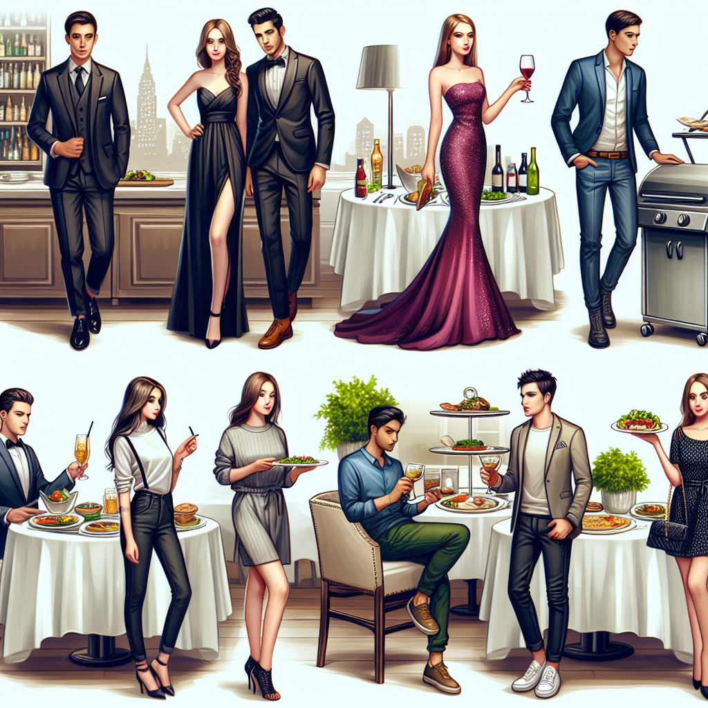 A prominent depiction of essential outfit choices for various life celebrations held at restaurants. Scene one includes a formal dining setting with a Caucasian male in a dark tailored suit and a South-Asian female in a vibrant evening gown. Scene two exhibits a more casual event with a Middle-Eastern woman wearing a chic jumpsuit and a Black man in a trendy button-up shirt with dark jeans. Final scene captures a buffet-style party where a Hispanic woman is clad in a cocktail dress and a White man adorns a smart-casual blazer and khaki pants. Each ensemble reflects a blend of comfort and style.
