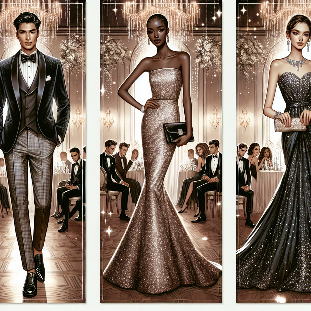 What to Wear to a Gala Party: Stunning Picks Multiple panels displaying glamorous gala outfits. First panel shows a sophisticated Asian man wearing a tuxedo with a velvet jacket, white dress shirt, and silk bow tie. Second panel showcases a stylish Black woman donning a full-length sequined gown, paired with sparkly high heels and elegant diamond jewelry. Last panel depicts a Middle Eastern woman looking elegant in a silk sari with exquisite hand embroidery and a matching clutch. Background includes elegantly decorated ballroom settings with chandeliers and ambient lighting, symbolizing a gala party.