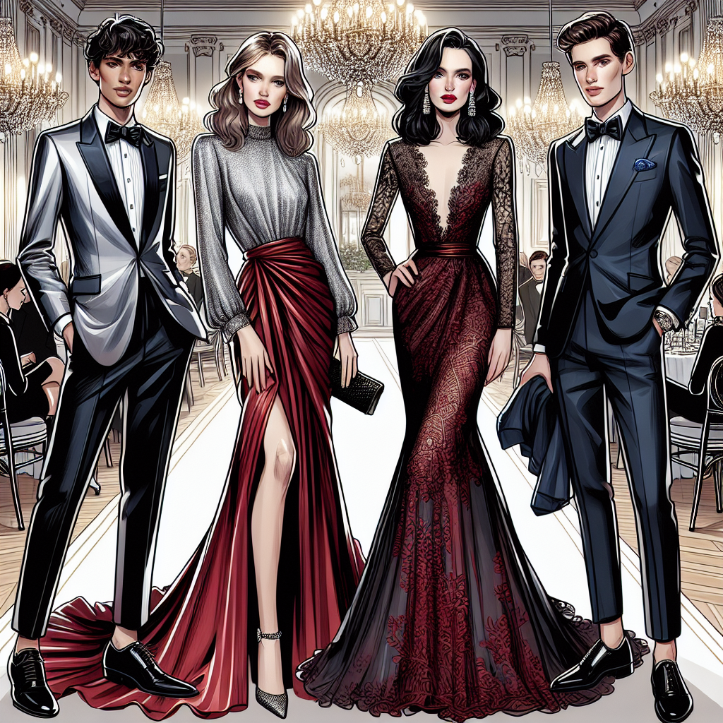 Stunning Outfits for Charity Events: Effortless Elegance Illustrate a chic and upscale charity event, showcasing attendees displaying effortless elegance through their outfit choices. Picture four people distinctly of various descents including Caucasian, Black, Hispanic, and Middle-Eastern. Two of them are women, elegantly dressed in floor-length gowns - one in a silky silver dress with a cascade of ruffles, the other in a ruby red lace dress with long sleeves. The two men are dressed in well-tailored black suits, one with a crisp white shirt and a bow tie, the other with a royal blue shirt and a patterned tie. The background presents an opulent hall adorned with crystal chandeliers and tasteful decorations.