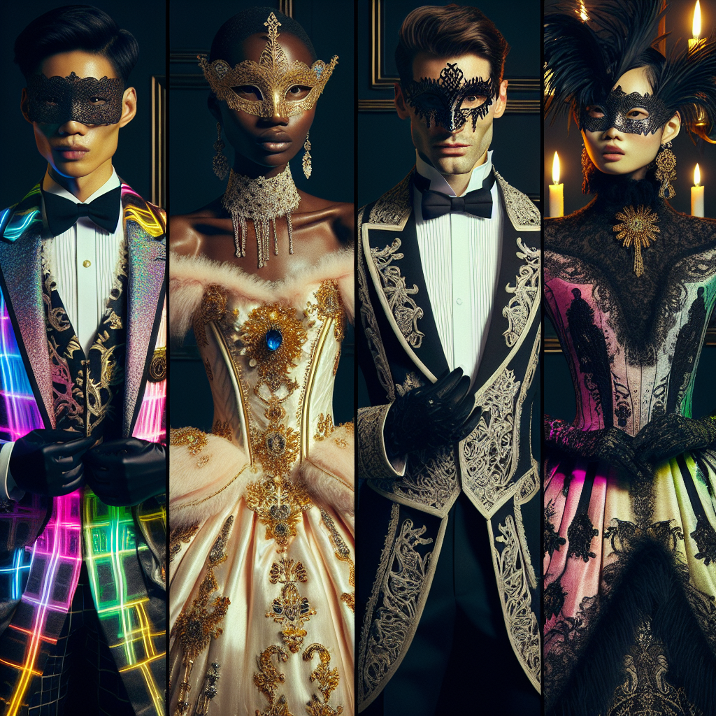 Stunning Masquerade Outfits for Every Style Visualize an elegant and bustling masquerade ball filled with people wearing mesmerizingly stunning outfits. At the heart of the scene, focus on four individuals, each representing a unique style. The first person, an Asian male, is clad in a sleek, modern outfit permeating vibrant neon hues. The second, a Black female, stuns in a vintage Victorian-era gown with intricate gold embroidery. The third, a Caucasian male, dons a classic black and white tuxedo with an extravagant feathered mask. Lastly, a South Asian female flaunts an avant-garde ensemble, brimming with unconventional fabrics and radiant jewels.