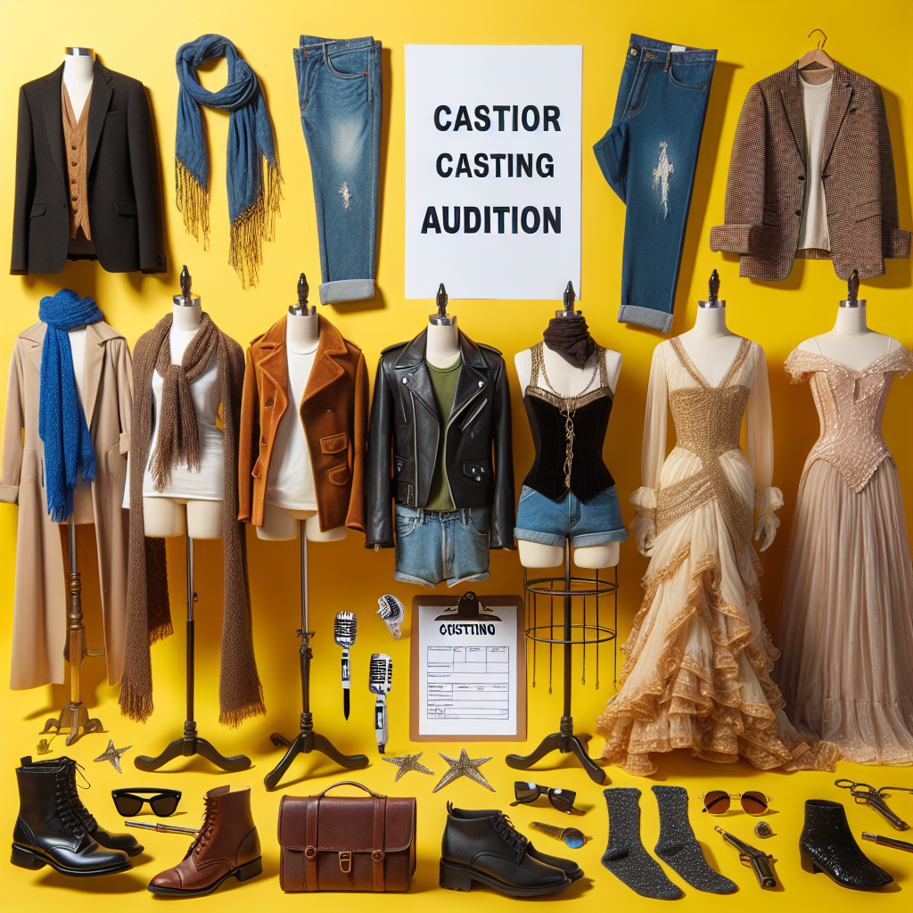 Must-Have Outfits for Your Casting Audition! Imagine an array of must-have outfits for a casting audition arranged aesthetically across a bright background. The collection should include a variety of styles suitable for different roles like a chic business suit for playing a corporate character, a pair of jeans and a leather jacket for a rebellious role, and a dramatic, vintage gown for period dramas. Include accessories like scarves, sunglasses, and shoes for each outfit. Make sure one outfit is modelled by an Asian female mannequin, another by a Caucasian male, and the last by a Black non-binary individual.